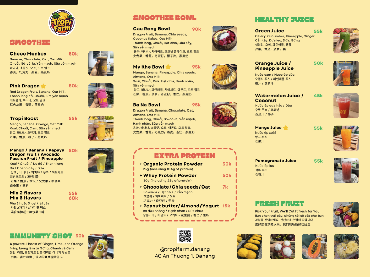 Full printed Tropi Farm menu in English, Vietnamese, Korean and Chinese